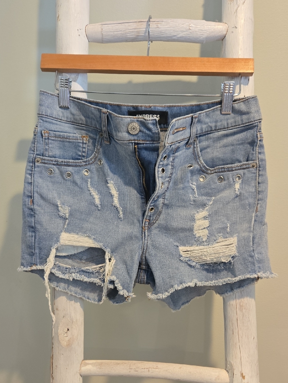 Express Light Blue Distressed Denim Jean Shorts with Eyelet Detail Size 4